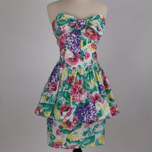 Vtg Laura Winston Floral Balloon Strapless Dress Cottage Core Garden Party Expo